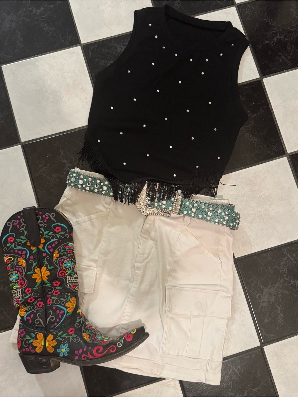 Women’s Black Rhinestone Embellished Fringe Crop Tank